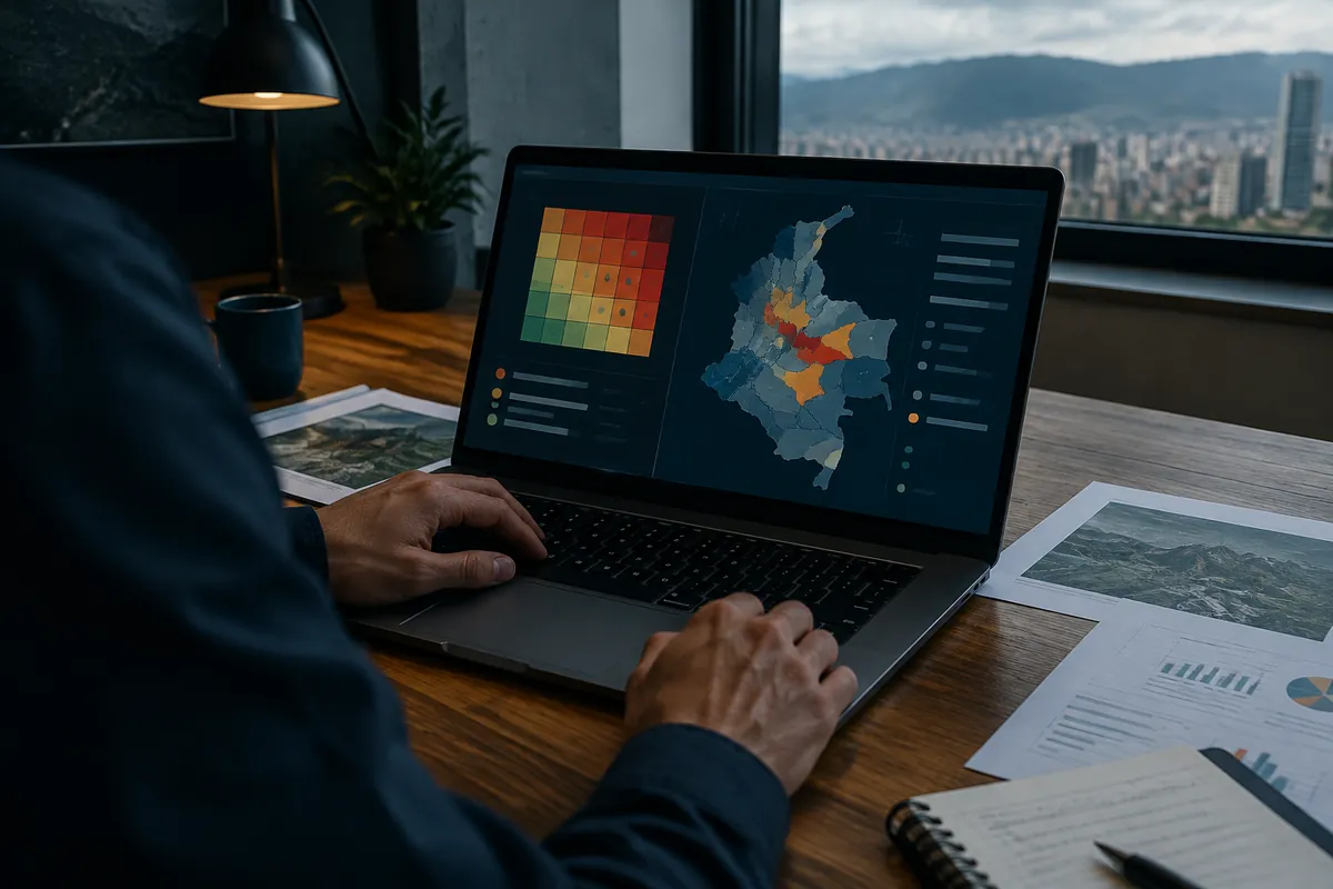Persona revisando una matriz de riesgos y un mapa de Colombia en un portátil junto a documentos