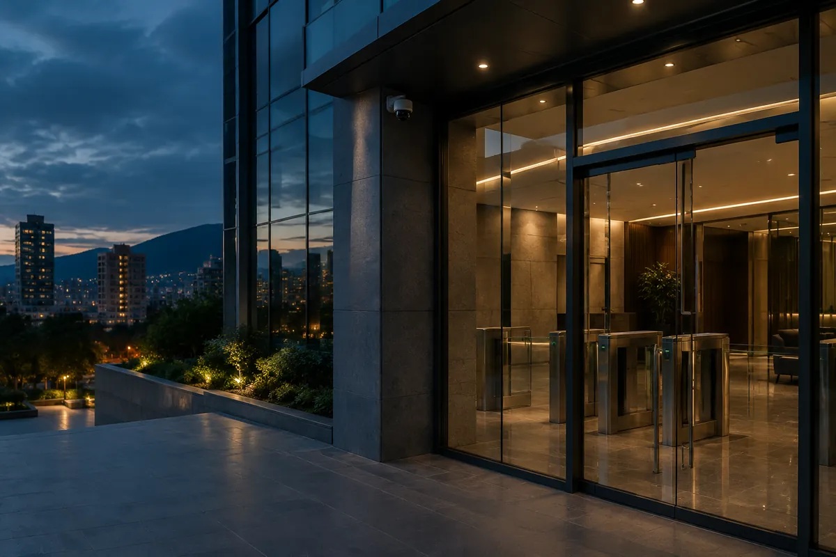 Fachada de edificio empresarial con cámara de seguridad y acceso acristalado al atardecer
