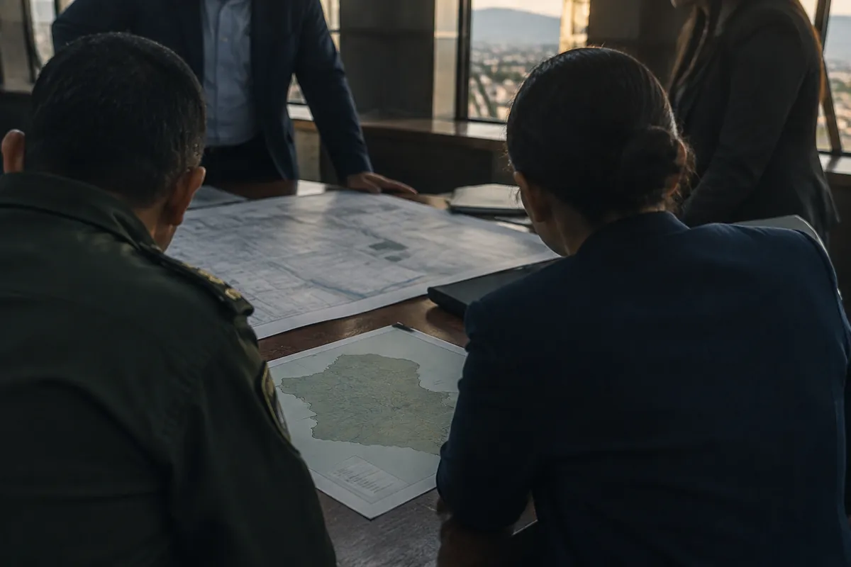 Personas de espaldas revisando documentos y mapas en una mesa de trabajo