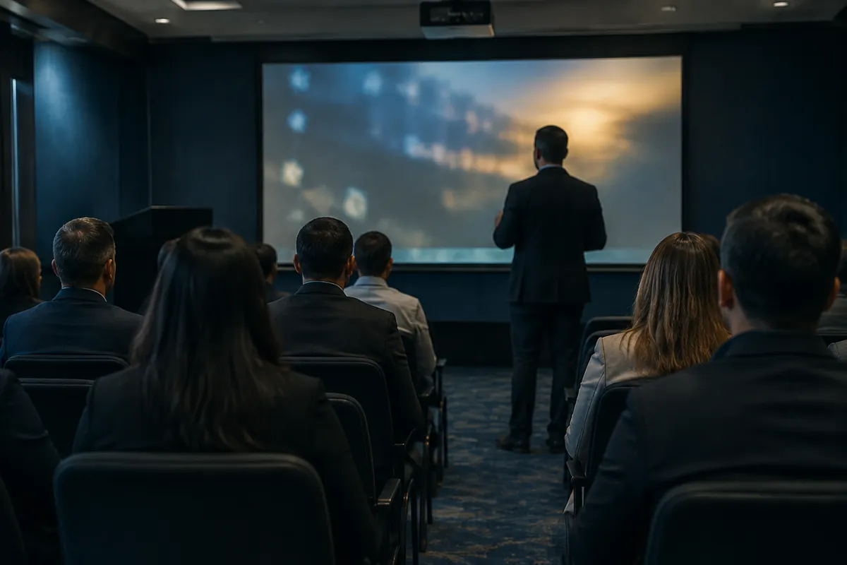 Instructor y asistentes de espaldas en una capacitación frente a una pantalla