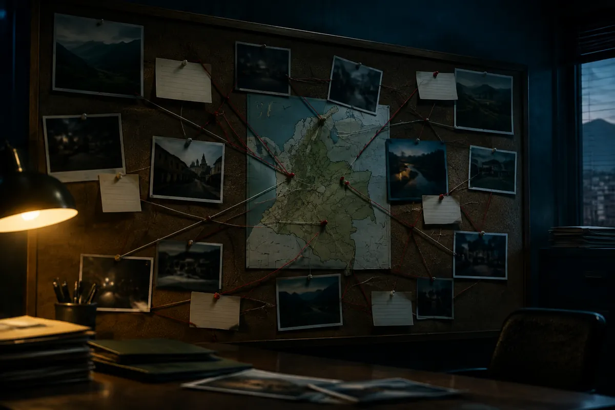 Tablero de investigación con mapa, fotografías e hilos en una oficina
